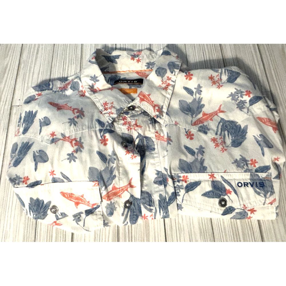 Mens Orvis River Guide 2.0 Active Fit All Over Print Fish Shirt Short Sleeve XL